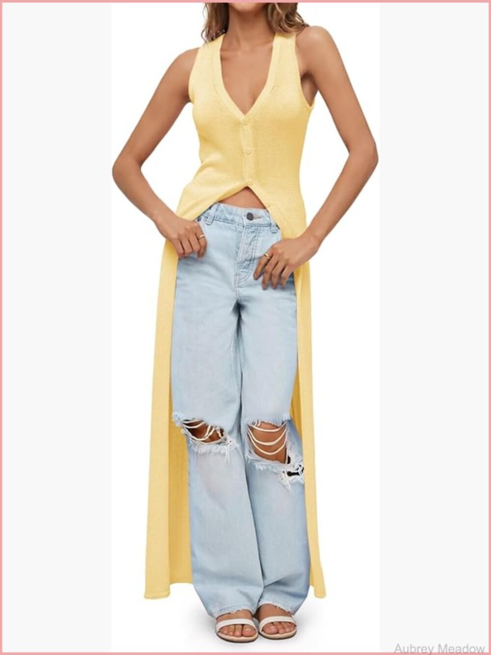 Sleeveless V-Neck Button Long Cardigan Duster Vest Lightweight Knit Beach Cover
